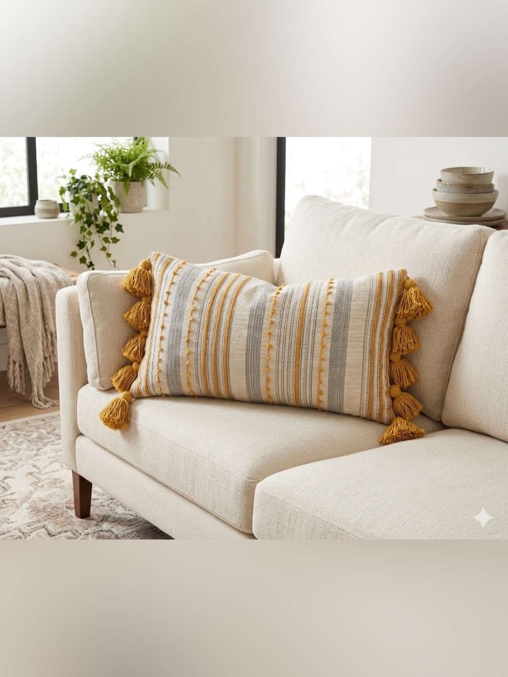 white yellow accent pillow tassels